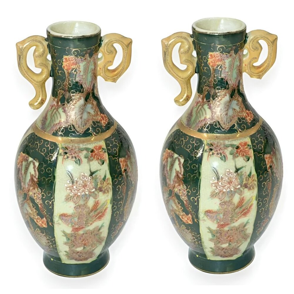 Pair Set Vintage Chinese Japanese Grecian Urn Green Gold Cloisonne Satsuma Vases